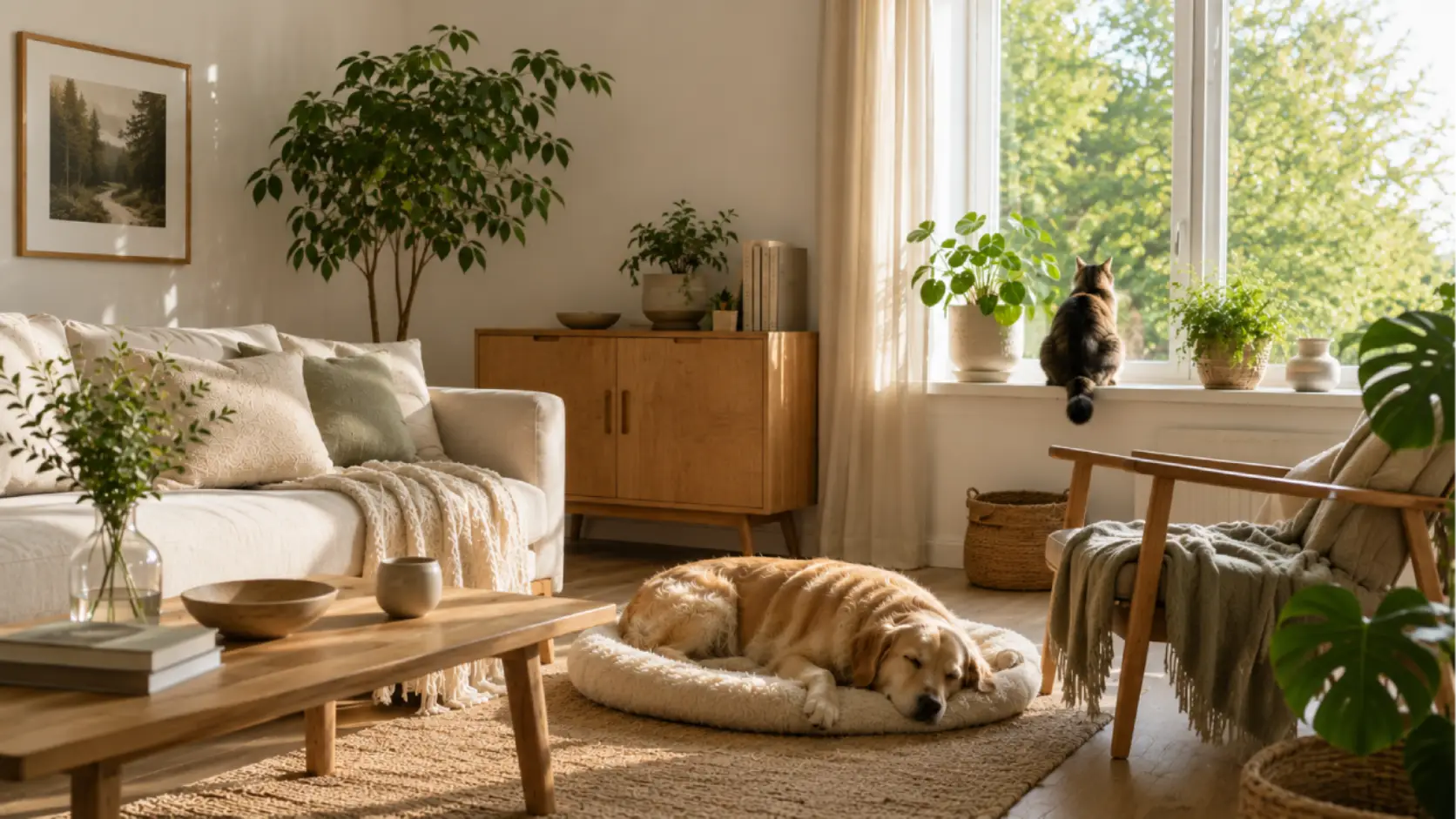 Scandinavian living room with pets