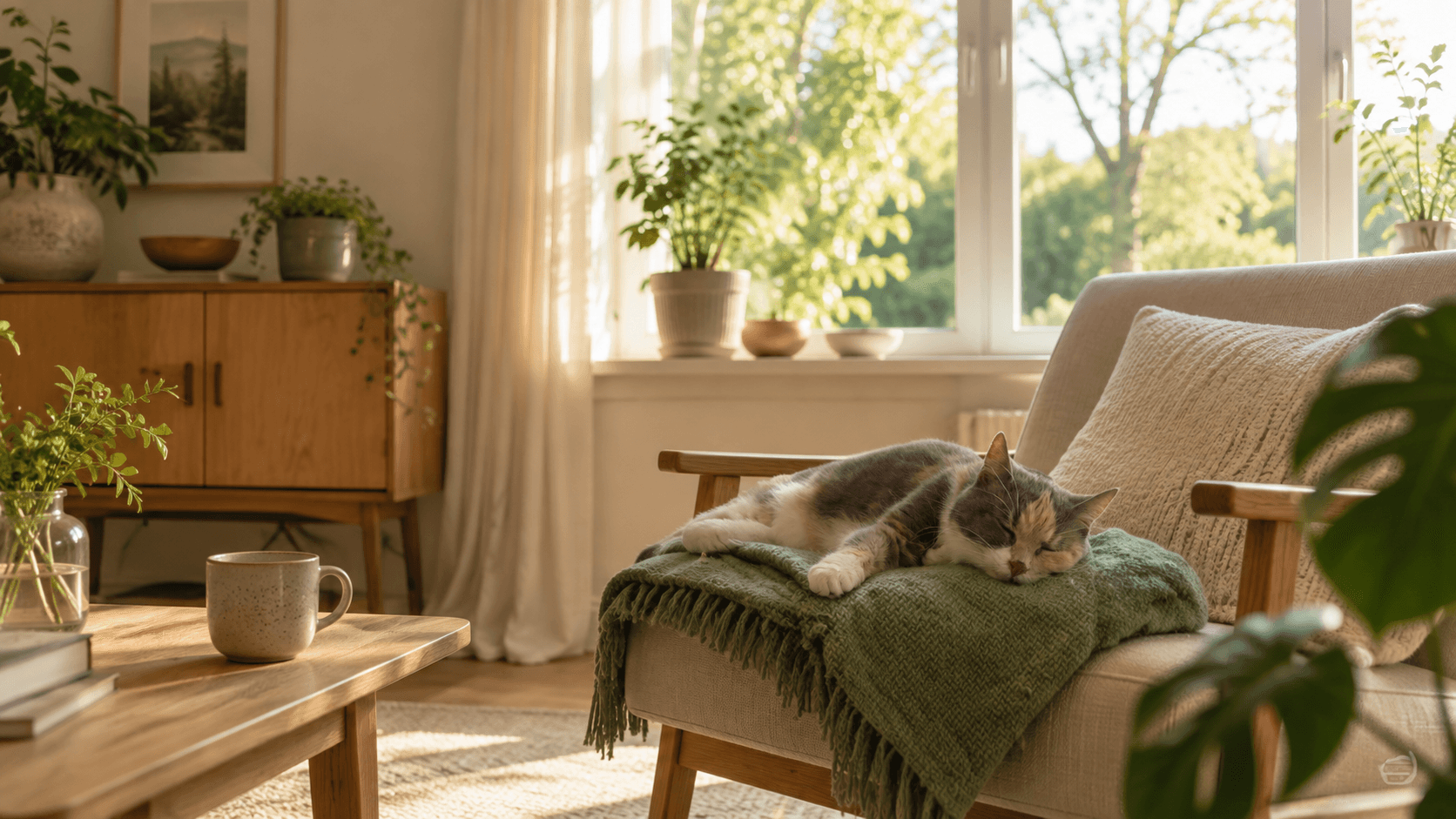 A peaceful moment with a dog in a Scandinavian setting.
